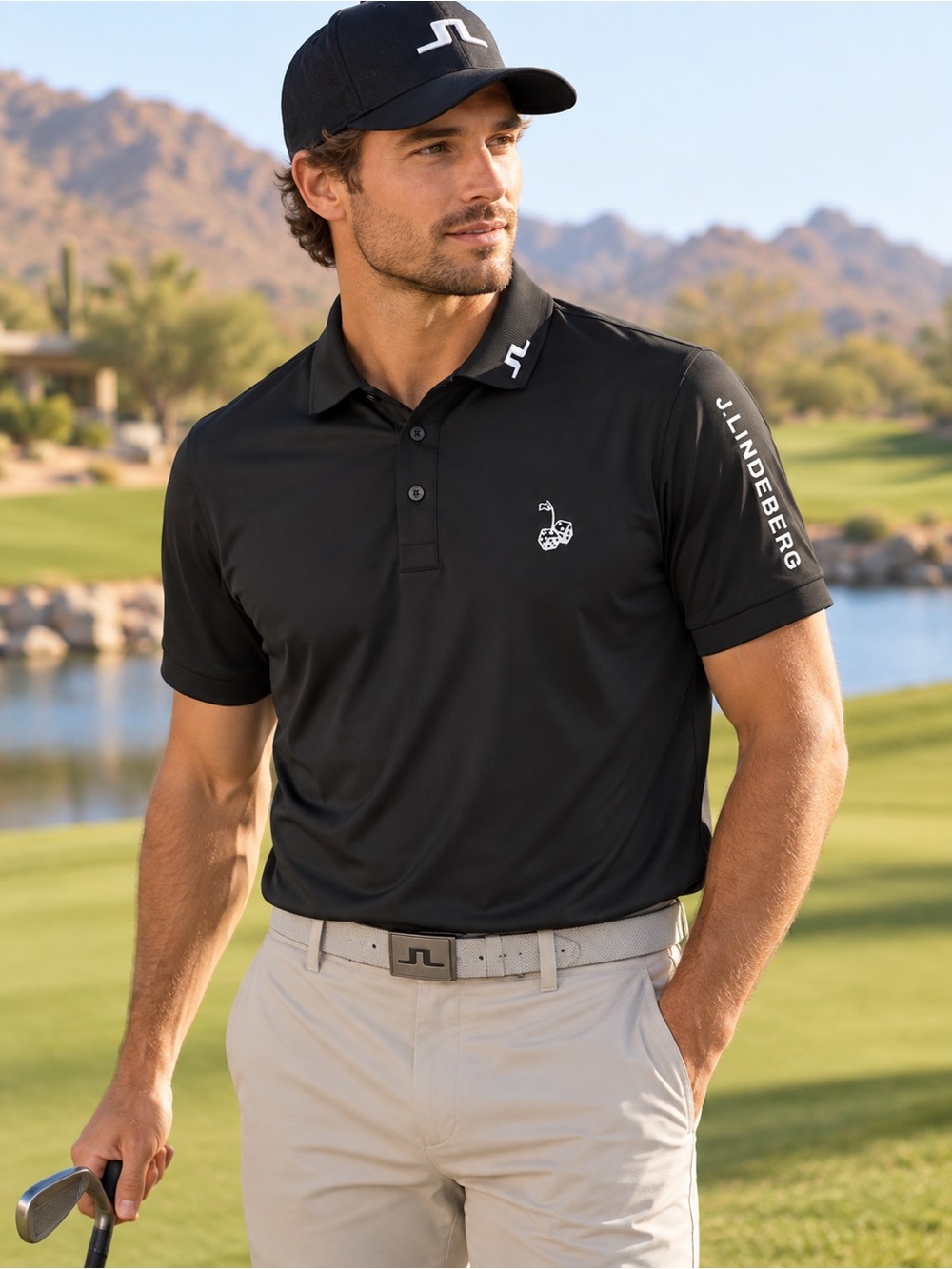 J.Lindeberg Tour Tech Golf Polo Mens L Black Dice Logo NWT